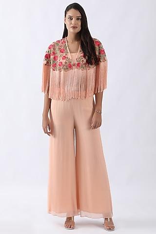 pink net thread & floral jaal embroidered fringed cape set