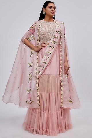 pink organza & net embroidered cape set
