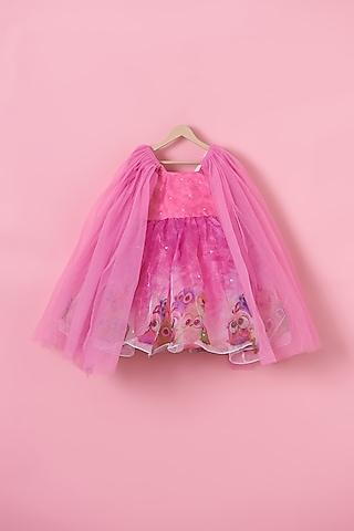 pink organza & satin minion printed dress for girls