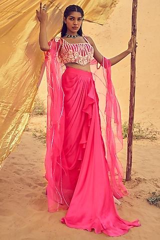 pink organza hand embroidered cape set