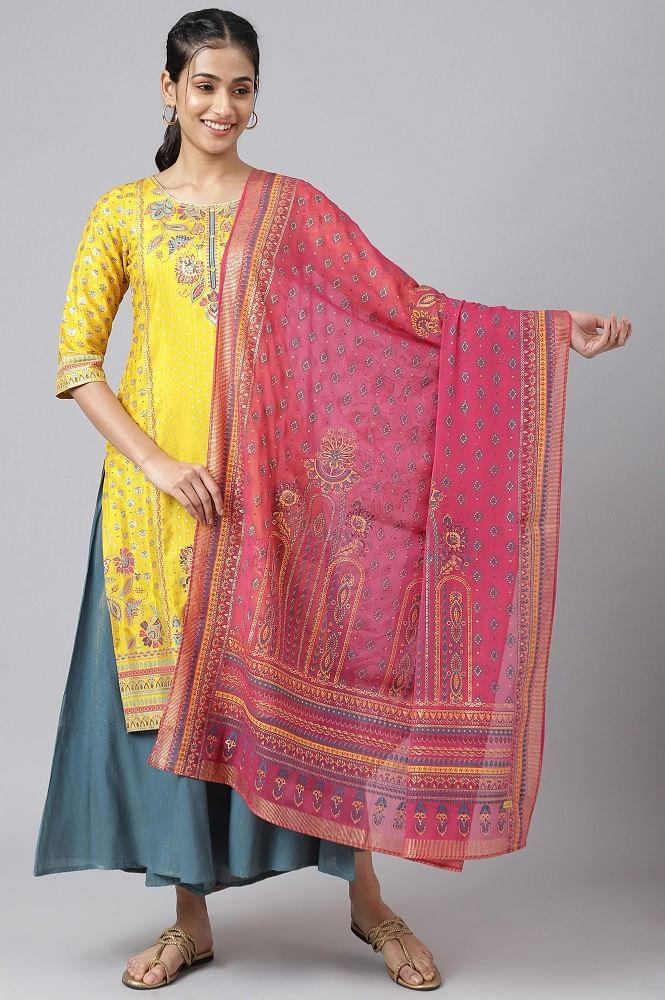 pink placement print silver chiffon dupatta