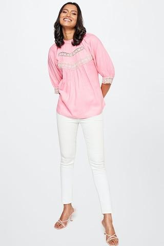 pink pleated casual half sleeves round neck women regular fit top