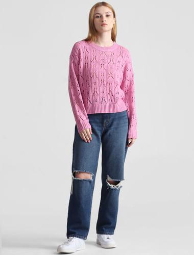 pink pointelle knit pullover