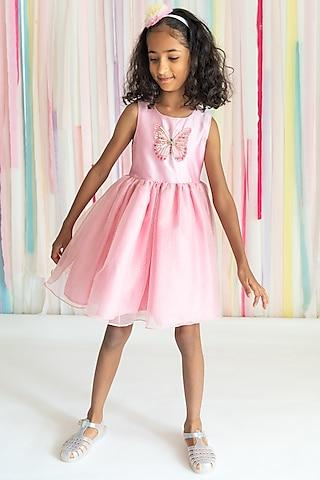 pink poly taffeta & glitter organza sequins hand embroidered dress for girls