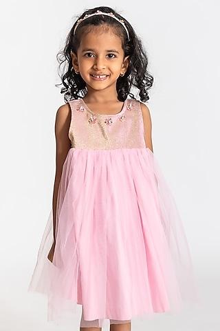 pink poly taffeta & tulle embroidered dress for girls