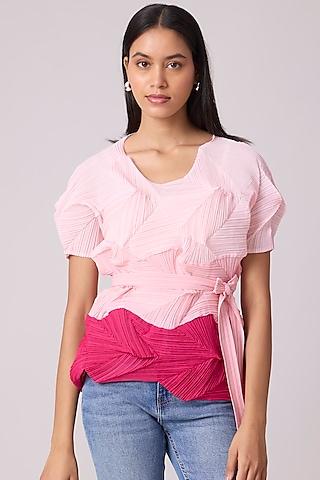 pink polyester color blocked top with belt