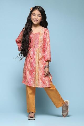 pink print ankle-length ethnic girls a line fit pant kurta set
