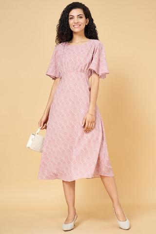 pink print calf-length  formal women regular fit  dress