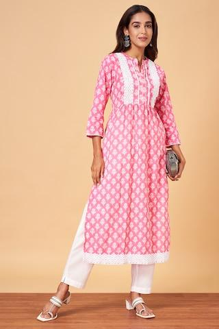 pink print casual 3/4th sleeves mandarin women regular fit  pant kurta set