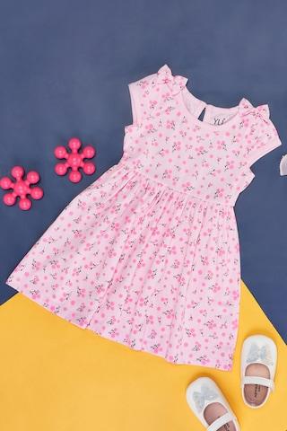 pink print casual cap sleeves round neck baby regular fit  dress