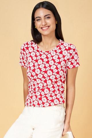pink print casual half sleeves round neck women regular fit  t-shirt