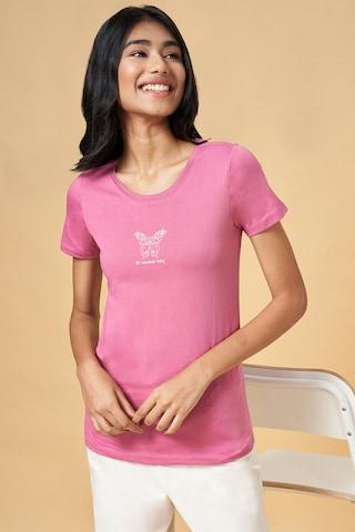 pink print casual half sleeves round neck women regular fit  t-shirt