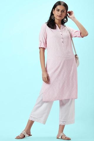 pink print casual mandarin 3/4th sleeves knee length women regular fit kurta
