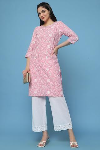 pink print casual round neck 3/4th sleeves maxi women straight fit kurta