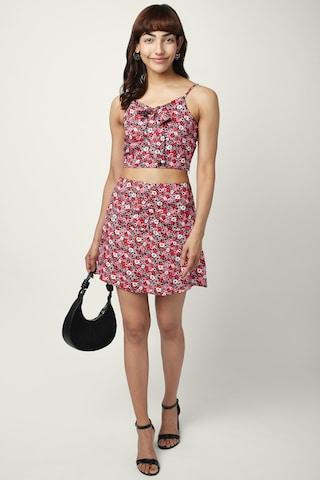 pink print casual v neck sleeveless women regular fit top & skirt set