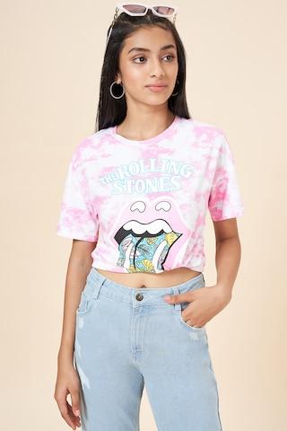 pink print cotton spandex round neck girls regular fit t-shirts