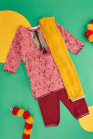 pink print ethnic round neck 3/4th sleeves knee length girls regular fit pant kurta dupatta set