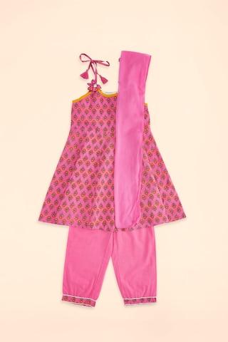 pink print ethnic square neck sleeveless knee length girls regular fit pant kurta dupatta set