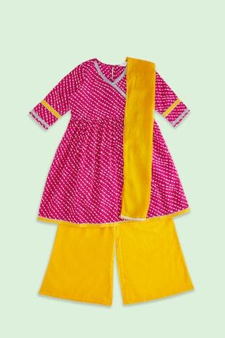 pink-print-ethnic-v-neck-3/4th-sleeves-knee-length-girls-regular-fit-pant-kurta-dupatta-set