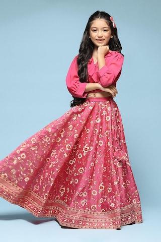 pink print full length ethnic girls flared fit lehenga choli set