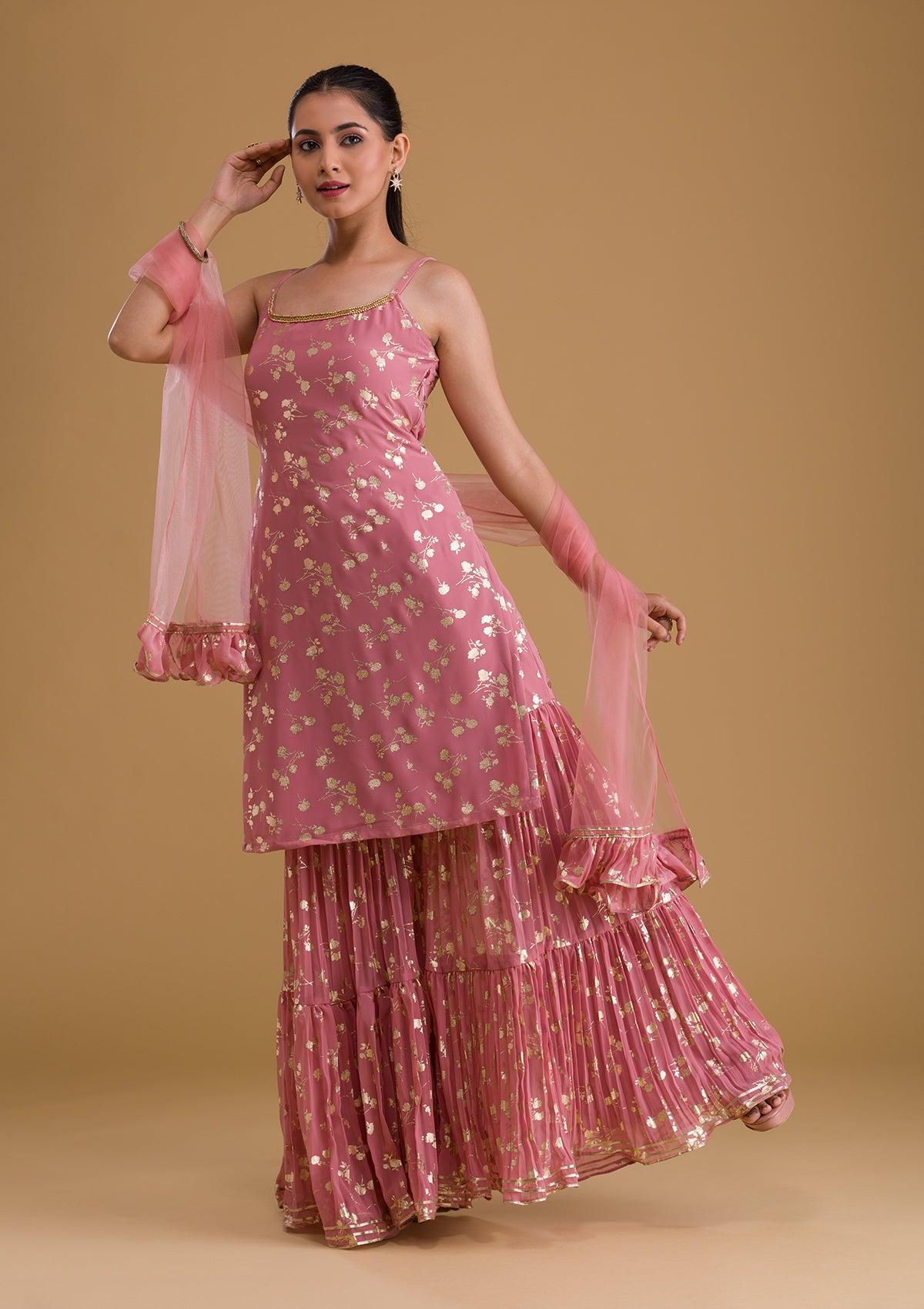 pink print georgette designer sharara suit