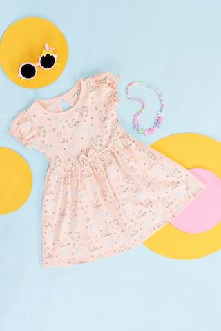 pink print round neck casual half sleeves baby regular fit dress