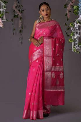 pink printed banarasi pink silver buti silk saree with blouse piece - pink