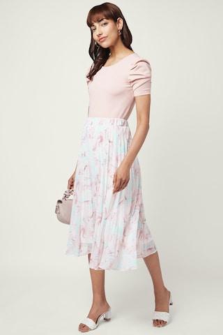 pink printed calf-length mid rise casual women comfort fit skirt