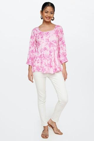 pink printed casual 3/4th sleeves square neck women flared fit top