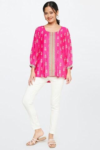 pink printed casual full sleeves square neck women regular fit top