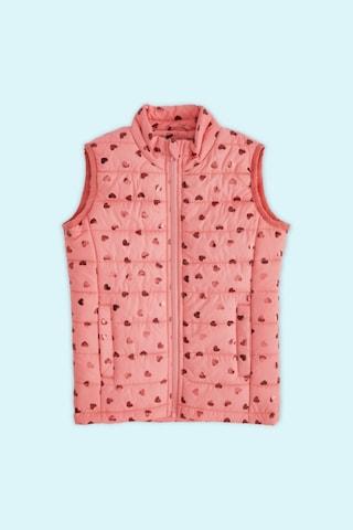 pink printed casual sleeveless high neck girls regular fit jacket