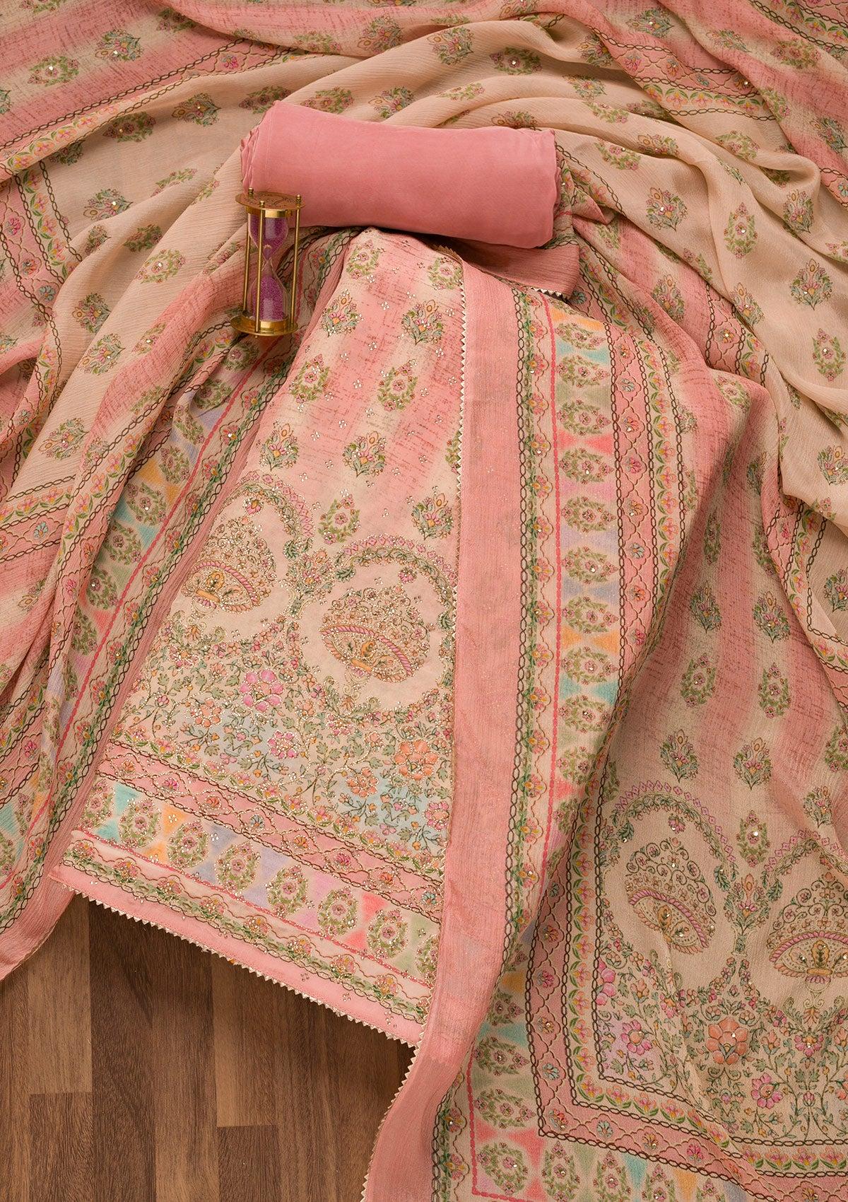 pink printed crepe unstitched salwar suit