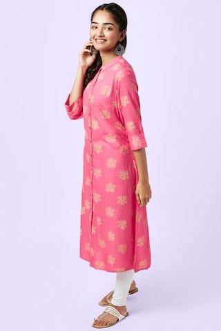 pink printed ethnic mandarin 3/4th sleeves calf-length women regular fit kurta