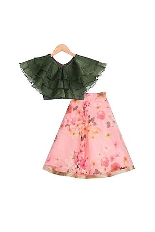 pink printed lehenga with olive green top for girls