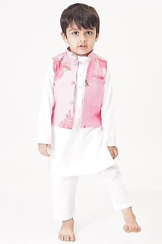 pink printed nehru jacket with kurta set for girls
