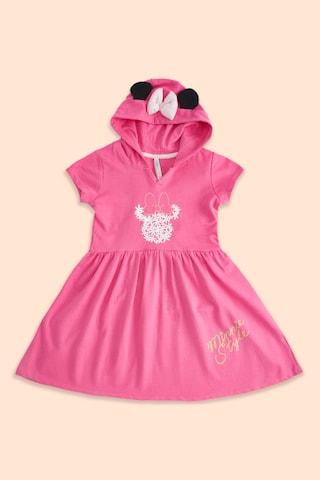 pink printed regular hood casual knee length short sleeves girls regular fit dress
