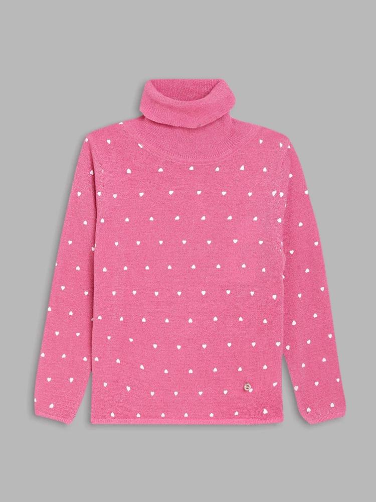 pink printed turtle neck sweater