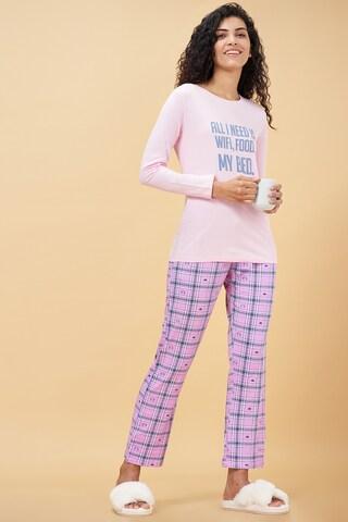 pink printeded round neck full sleeves women comfort fit t-shirt & pyjama set