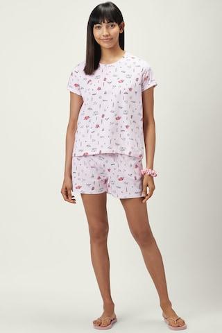 pink printeded round neck half sleeves women comfort fit t-shirt & short set