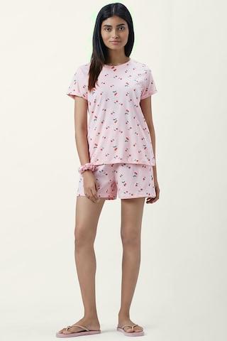 pink printeded round neck short sleeves women comfort fit t-shirt & short set