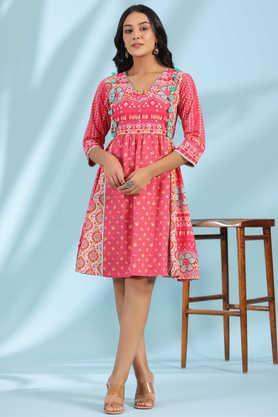 pink pure cotton floral printed panelled short dress with contrasting tassels & beadwork - pink