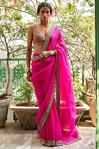 pink pure organza hand embroidered pre-stitched saree set