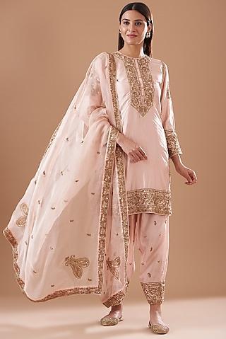 pink pure silk embroidered a-line kurta set