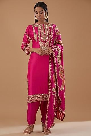 pink pure silk embroidered kurta set