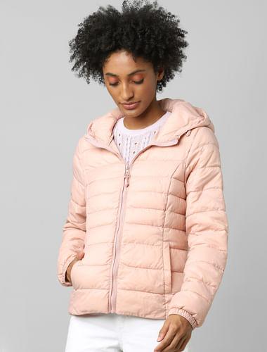 pink quilted puffer jacket
