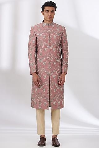 pink raw silk embroidered sherwani