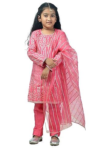 pink raw silk gota embroidered kurta set for girls