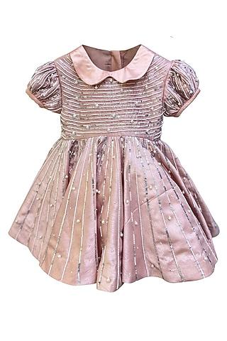 pink raw silk pearl embellished dress for girls