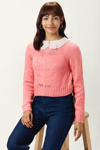 pink self design casual full sleeves peter pan collar women regular fit sweater