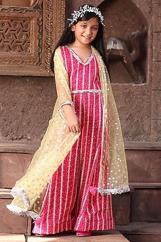 pink silk & net bandhej printed jumpsuit with cape for girls